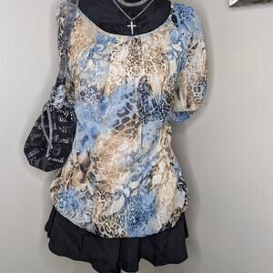 Plus size blue and brown abstract animal print top 2x